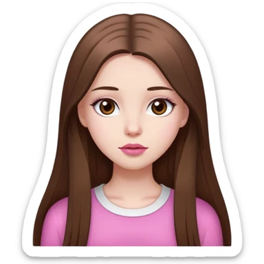 A girl with brown long and straight hair, white skin color, brown eyes, pink lips,  sticker