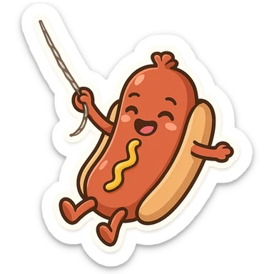 funny hot dog with arms, swinging on a web like Spider-Man sticker