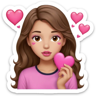 girl with long wavy brown hair, brown eyes, light to medium complexion, in a pink shirt, pink lips, long lashes, sexy , puckering lips kissing, blushing with hearts sticker