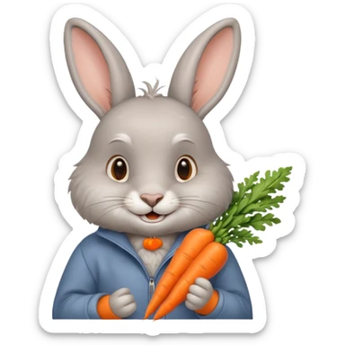 Grey rabbit, holding a carrot, grinning with joy
 sticker