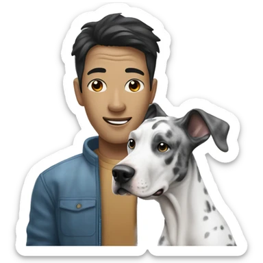 Asian man next to blue Merle great dane sticker