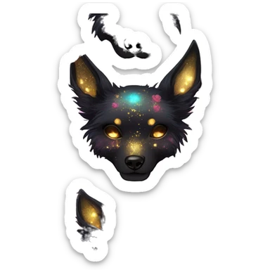 Black iridescent fluffy dog fox head skull zombie skull skeleton gold mechanical steampunk raven wings nebula galaxy stars colorful flowers fairy lights vintage sticker