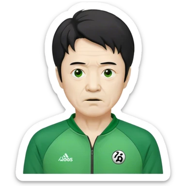 Seong Gi-hun : age 60, bony face, small mouth, unkempt black hair, Green player tracksuit,  sticker