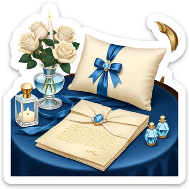 A carefully folded love letter, tied with a silky blue ribbon, sits on a velvet cushion. Beside it stands a tall crystal perfume bottle, exuding the soft scent of white roses. Pearl butterflies hover above the table, as the warm glow of candlelight reflects off the golden wax seal. sticker