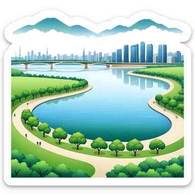 Hangang river, city skyline, and park, no border sticker