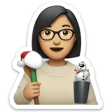 Asian woman with bob and frosty snowman sweater shaking a cowbell sticker