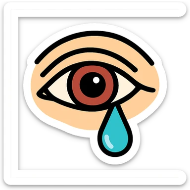 Realistic vector style illustration of a crying female eye with clear contours, complex shadows and highlights, colored. Beige skin around the eye, brown-red iris, blue-cyan tear. Maximum realism with graphic cleanliness and line clarity as in the provided references. sticker