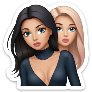 Glamours, tanned, very beautiful girl, with big pump peach-beige-rose lips, long long lashes, black straight smooth silky long hair, straight parting hair, blue-grey eyes in black long-sleeves bodysuit sticker