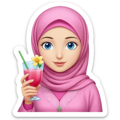 Turkish beautiful finish Konya girl blue eyes with pink hijab islamic dress and had on her hand flower mocktail sticker