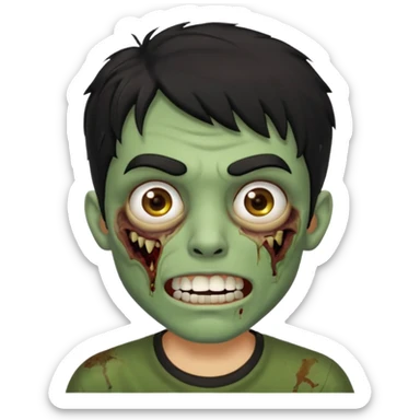 zombi emoji man with a fringe wavy medium black hair, mouth with a white teeth, nose, eyes brown, brown eyebrow, green skin, black shirt sticker