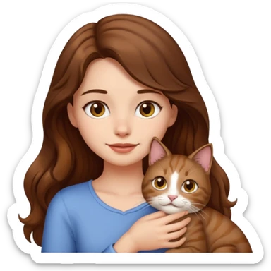 a girl with long wavy brown hair and brown eyes petting a cat, emoji style sticker