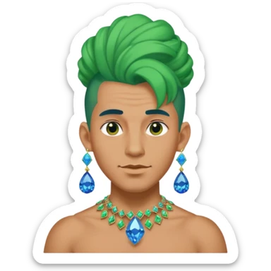 gem lover man with gem accessories excessive amount very big gem earrings green bun hair and blue diamonds  sticker