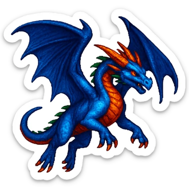 Show this fiery blue dragon with large wings in a dynamic flying pose, keep the style. sticker