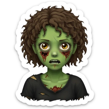Zombie girl emoji verde com cabelo curto cacheado castanho no ombro com uma blusa preta sticker