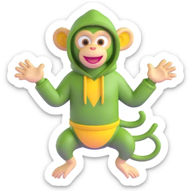 Cute 3D green monkey with big yellow ears, dark hood, and a happy face. Arms open wide, always smiling and full of energy. Friendly, fun, and curious — perfect for preschool kids. sticker