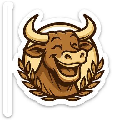 Create a friendly mascot of a laughing bull inspired by the reference image. The bull should have a broad smile, no text, and be in a modern, clear style. Remove the background completely. sticker