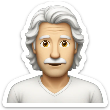 Insecure european guy in his fifties with mid long white hair wearing a shirt sticker