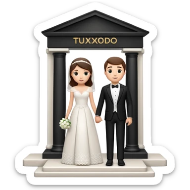 A 3D cartoon courthouse wedding venue with a bride and groom standing at the entrance, elegant white columns, soft natural lighting, simple modern decor, minimal background, realistic Memoji-style rendering. sticker