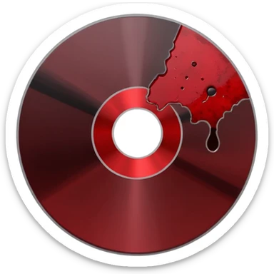 Minimalist emoji-style sticker of a single CD with a sharp crack and a dried blood spot. View from above, black, gray, and muted red.
 sticker