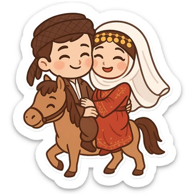 cartoon sticker of Kurdish bride and groom in traditional clothing, riding a horse like in old Kurdish wedding ceremonies, joyful and romantic scene, no text, suitable for WhatsApp and Instagram sticker
