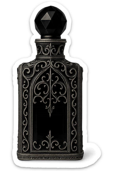 gothic perfume bottle, black glass with silver filigree, no background sticker