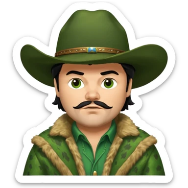 jack black haired cowboy in green fur coat with black hat sticker