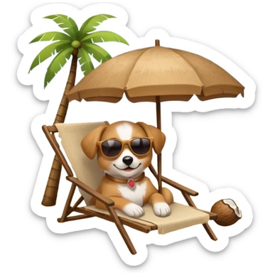 a dog laied on a beach chair, a sunny beach, a sun umbrella, and beach coconut trees. the icon should capture the essence of a relaxing beach vacation with a carefree atmosphere sticker
