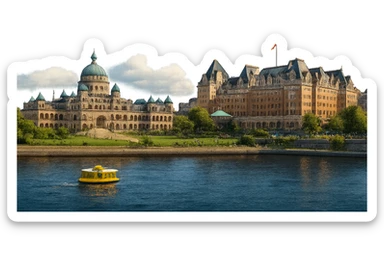 cinematic, realistic emoji of Victoria, BC, featuring a skyline with iconic landmarks such as the British Columbia Parliament Buildings, the Fairmont Empress Hotel, and the Inner Harbour, with lifelike detail, accurate colors, bright lighting, wide city view, fully transparent background sticker