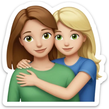 Maman avec les cheveux marrons les yeux marrons et la peau blanche, la fille avec les cheveux blond les yeux verts et la peau blanche, qui se font un câlin  sticker