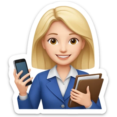 same woman but with phone and documents sticker
