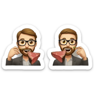 two males eating steaks both with glasses one with beard sticker