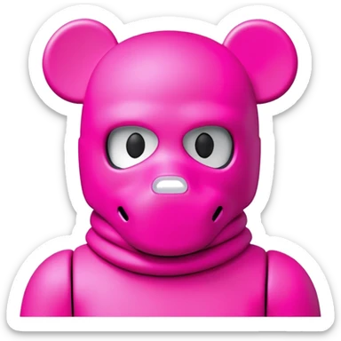 Bearbrick figure with KAWS-style X eyes, wearing a neon pink ski mask balaclava covering most of the face except for the X eyes sticker
