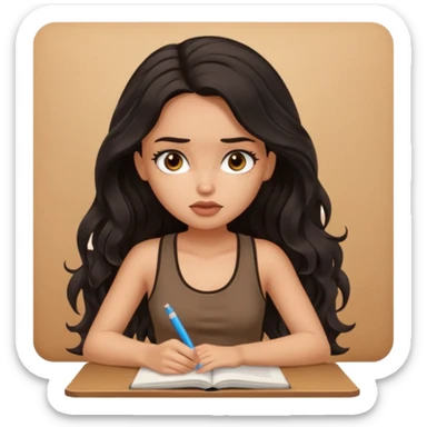 a pretty bratz light dusky girl with long wavy black hair in a brown tank top studying tired sticker