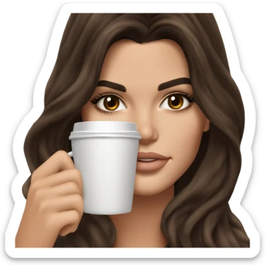 brunette Kendall Jenner with long and brown hair her eyes brown and sipping coffee Her hair is wavy and shiny. sticker