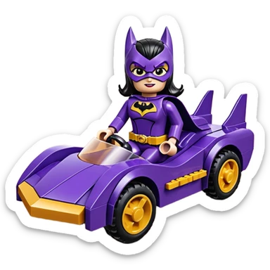 Hot full size real-appearance racing action BatGirl’s Lego feminine midnight-purple tight outfit sixty’s tv show 1992 stealth retro cat burglar sporty petite off-road pursuit hovering hover cruiser car rose gold accents (black hair,reclined and relaxed seating position and attitude) desert sticker