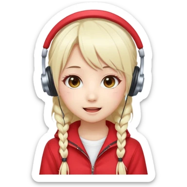 Cute kawaii emoji-style Japanese K-pop singer girl, long platinum blonde hair in twin tails, red outfit, headset mic on cheek, Japanese K-pop idol vibes, big sparkling eyes, chibi proportions, clean lineart, pastel colors, cheerful idol smile, sticker/emoji style, transparent background sticker