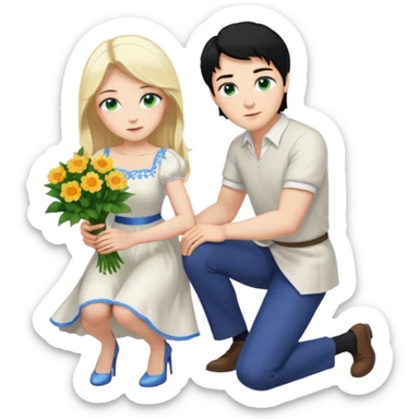 King, man, black Hair, blue eyes, whole body, Woman, bending knees, blonde, green eyes, White Dress, sticker