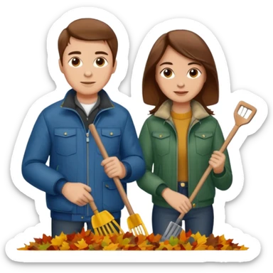 a couple man and woman both brown hair light skin racking leafs sticker