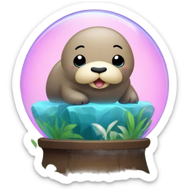 Kawaii colorful baby walrus in a jungle globe sticker