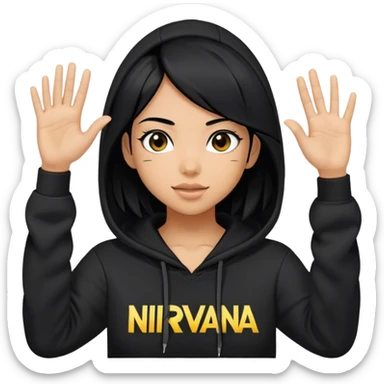 una chica cabello negro con una sudadera negra saludando y con el logo de nirvana en el pecho sticker