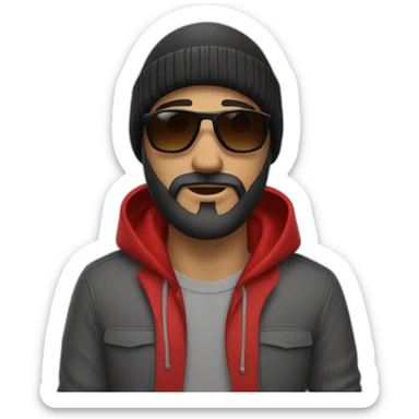 a man with black beard, gray Beanie, black sunglasses, that wears a red hoodie sticker