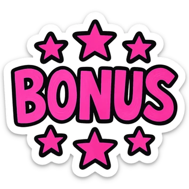 the word BONUS in large letters, all the same vibrant color, surrounded by stars, no background or sign behind, just the letters and stars, vibrant cartoon style sticker