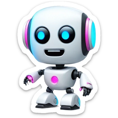 Design a cute, modern robot mascot with a white rounded body, neon blue and pink accents, and an expressive black screen face with LED eyes and a smile.

 sticker