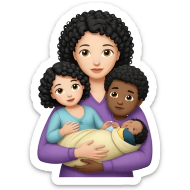 family: white woman curly black hair, black man with short black frizz hair, one 2 y o daughter , and a newborn in the and of the mother sticker
