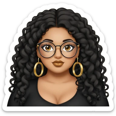 big plus size, latina, darker tan skin, gold hoops, long black curly hair, baddie,pretty, makeup, lipgloss, black eyeliner, long hair, black top, black glasses sticker