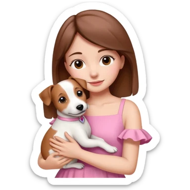 Joven mujer pelo marron vestida de rosado abrazando a su perro color beige crema que es un estilo de jack russel sticker