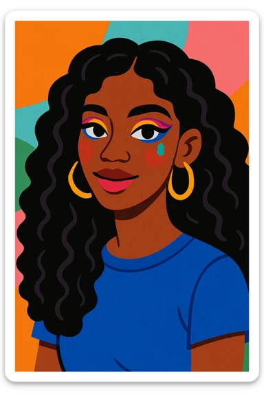 modern youthful style portrait of a brown-skinned woman with long, curly black hair, brown eyes, colorful makeup sticker