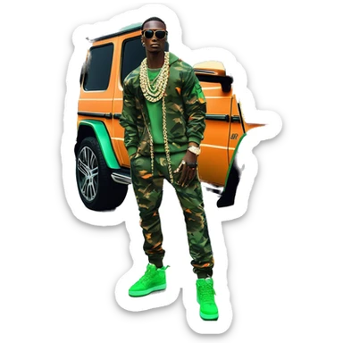 Young Dolph luxury clothes,blue diamond chain on,near his car, just opened drivers side car door to his all orange and green colored,whole car painted army camouflage, Mercedes G Wagon sticker