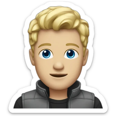 A blond man with blue-gray eyes is wearing a gray jacket and a black vest sticker