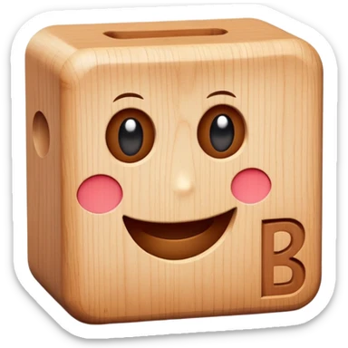 A wooden letter B block toy with adorable eyes and a happy expression sticker